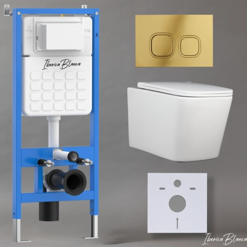 Комплект 3в1 IBERICA BLANCA инсталляция SILENCIO, унитаз TOLEDO ALTO белый, кнопка смыва ESTI-Q золото глянцевое (IB001.TLA.231.836)