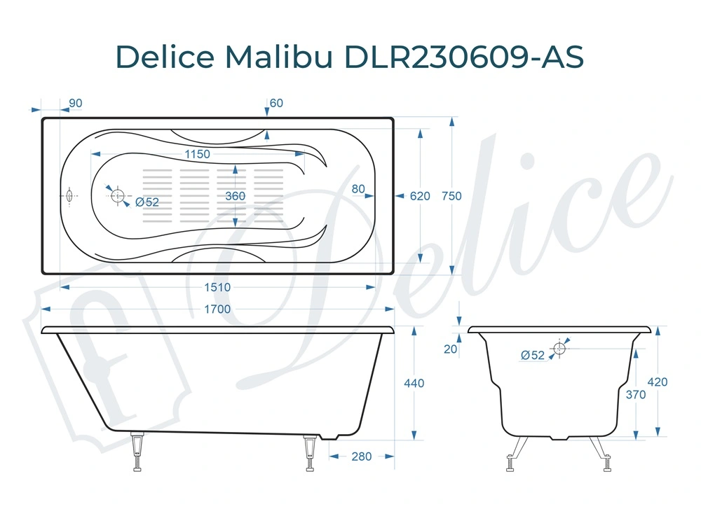 Ванна чугунная Delice Malibu 170х75 DLR230609-AS с антискользящим покрытием от магазина Vanna-Vanna.ru!