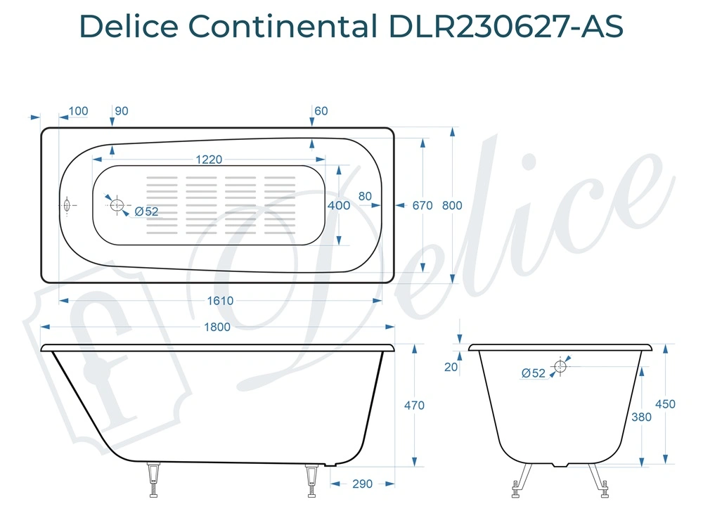 Ванна чугунная Delice Continental 180х80 DLR230627-AS с антискользящим покрытием от магазина Vanna-Vanna.ru!