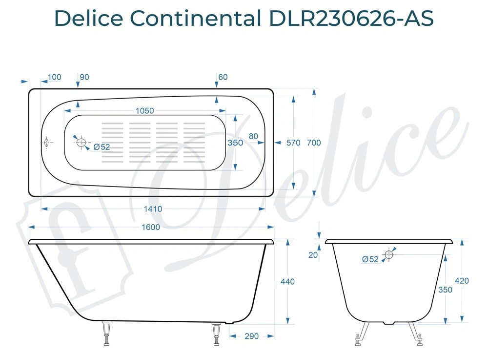 Ванна чугунная Delice Continental 160х70 DLR230626-AS с антискользящим покрытием от магазина Vanna-Vanna.ru!