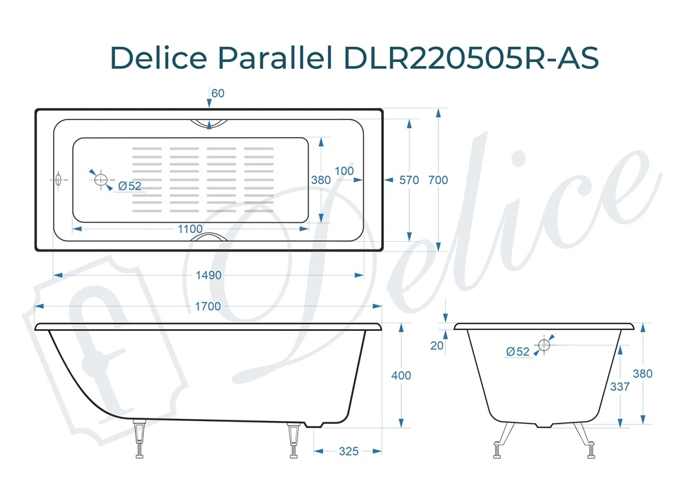 Ванна чугунная Delice Parallel 170х70 DLR220505RB-AS с черными матовыми ручками и антискользящим покрытием от магазина Vanna-Vanna.ru!