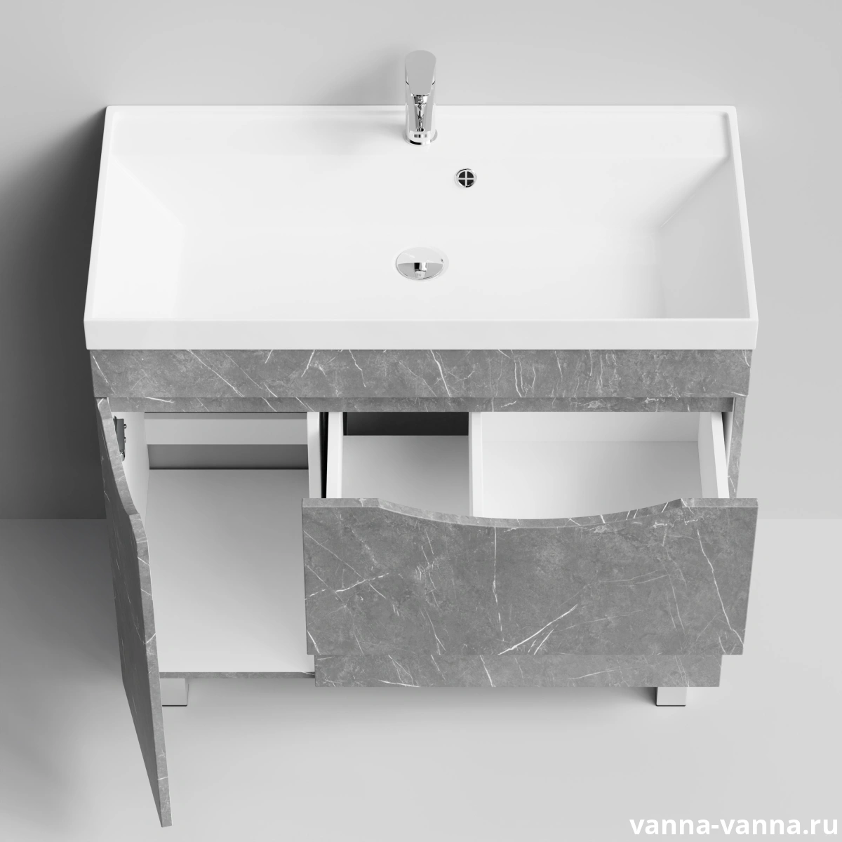 Тумба с раковиной Vod-ok Лайт 90 напольная, Мрамор Серый софт тач, 2 ящика, 1 дверь слева от магазина Vanna-Vanna.ru!