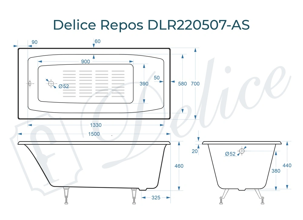 Ванна чугунная Delice Repos 150х70 DLR220507-AS с антискользящим покрытием от магазина Vanna-Vanna.ru!