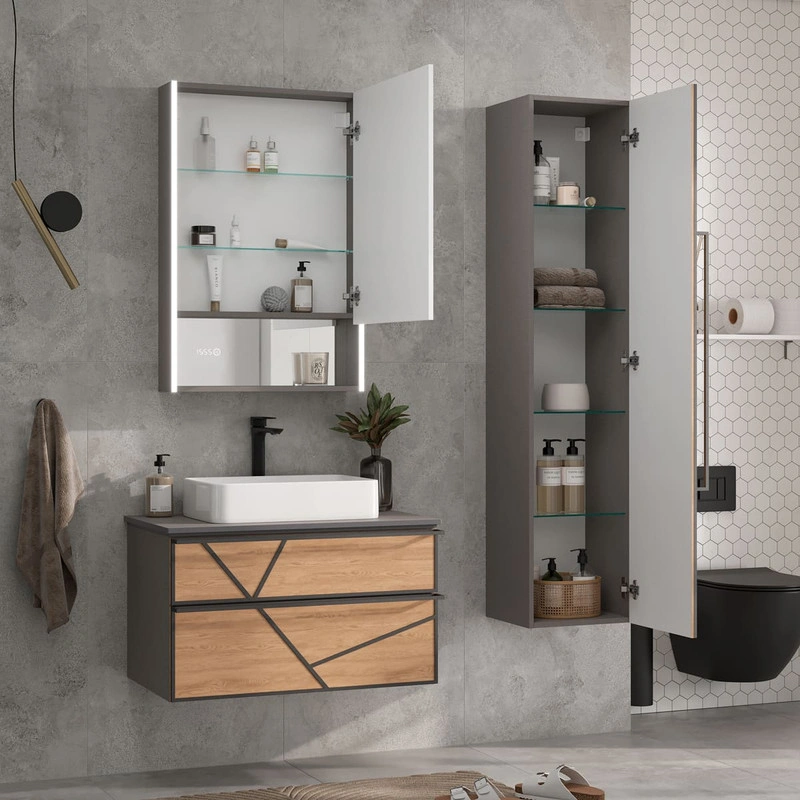 Зеркальный шкаф EQUIL Ferro LED 60 с часами, лен антрацит, R от магазина Vanna-Vanna.ru!