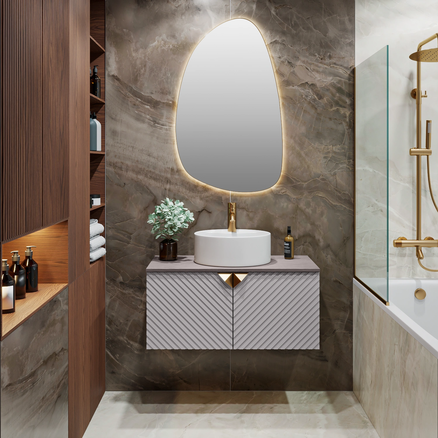 Тумба подвесная Runo Андорра 85 под накладную раковину, бежевый/кашемир серый/дуб какао от магазина Vanna-Vanna.ru!