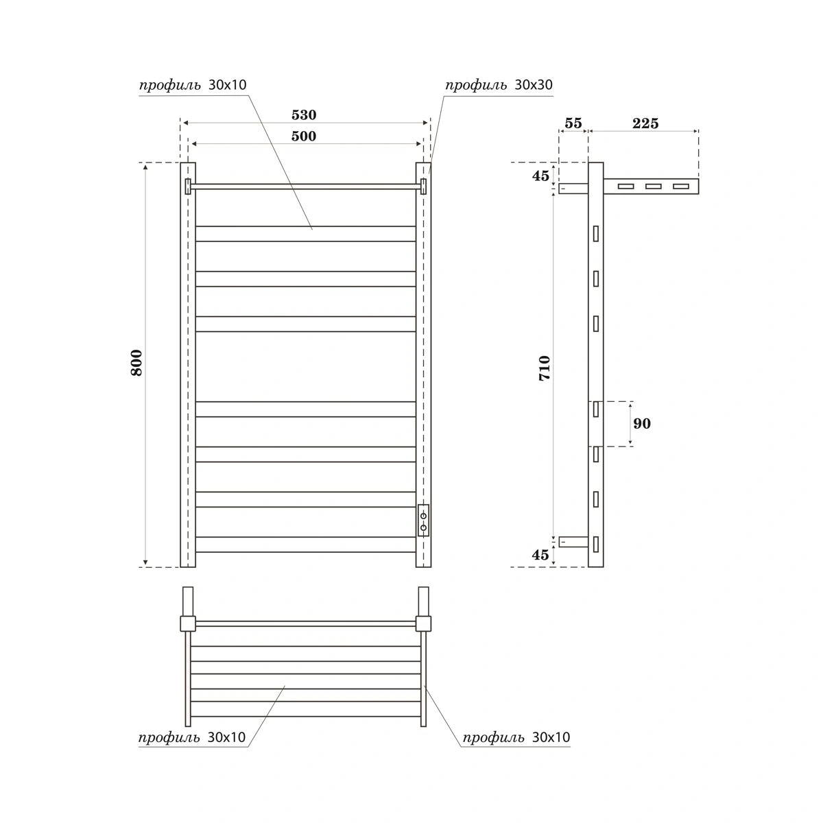 Полотенцесушитель электрический APEXTERMO Terra TR01185BM 800x500 с полкой, черный матовый