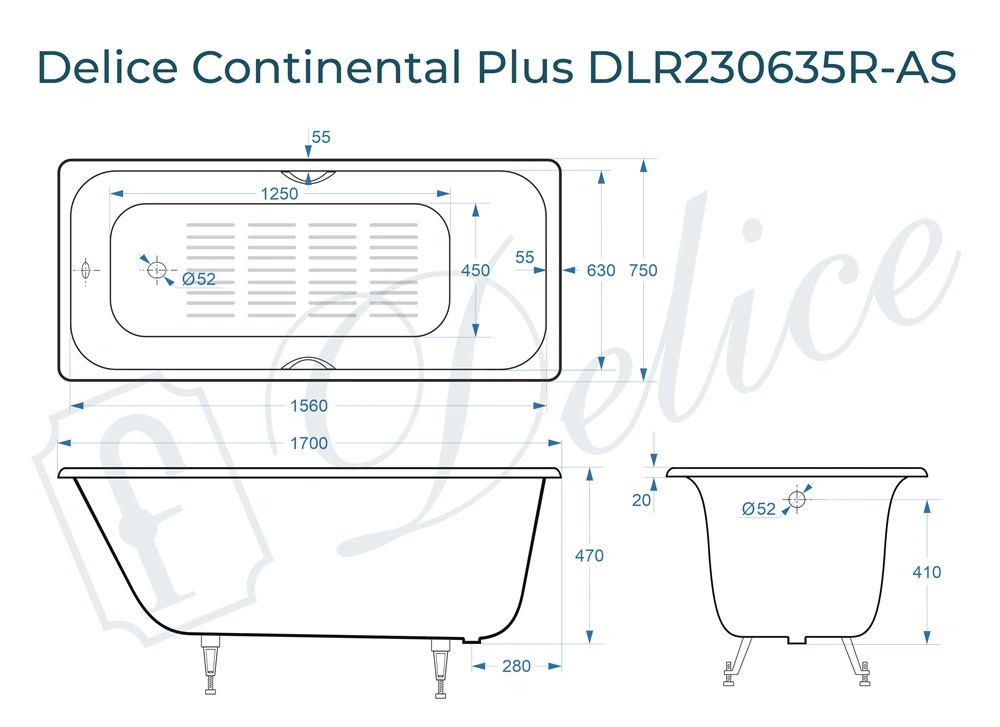 Ванна чугунная Delice Continental PLUS 170х75 DLR230635R-AS с отверстиями под ручки и антискользящим покрытием от магазина Vanna-Vanna.ru!