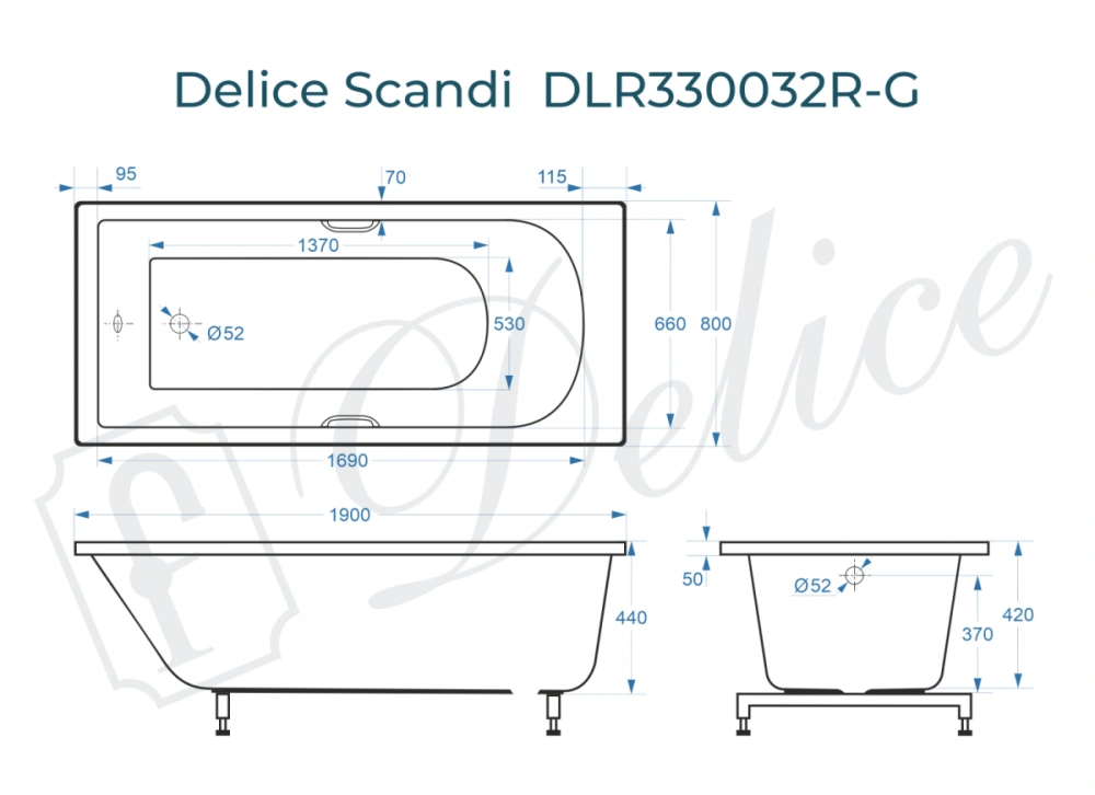 Ванна из литьевого мрамора Delice Scandi 190х80 глянцевая с ручками Хром DLR330032R-G от магазина Vanna-Vanna.ru!