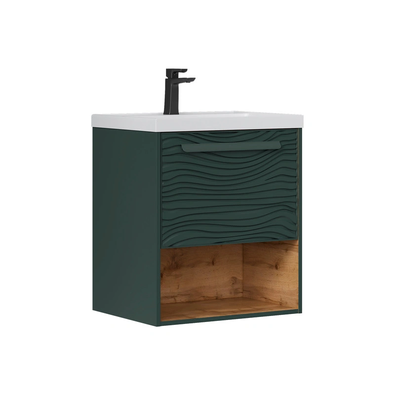 Тумба с раковиной EQUIL Gleam 60 подвесная, один ящик, зеленый камень/дуб вотан