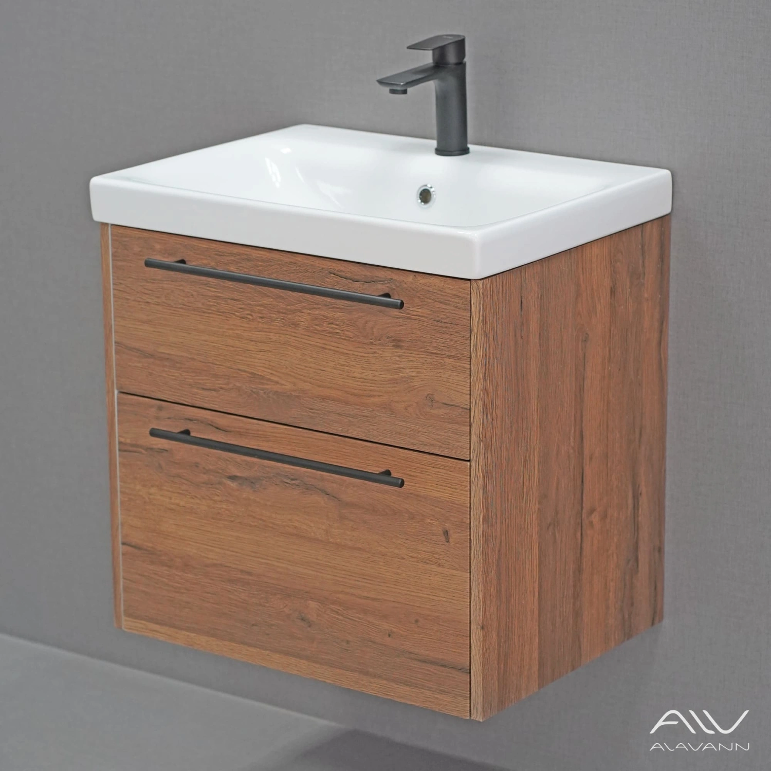 Тумба подвесная Alavann Rondo 60 с раковиной Moduo 60, дуб от магазина Vanna-Vanna.ru!