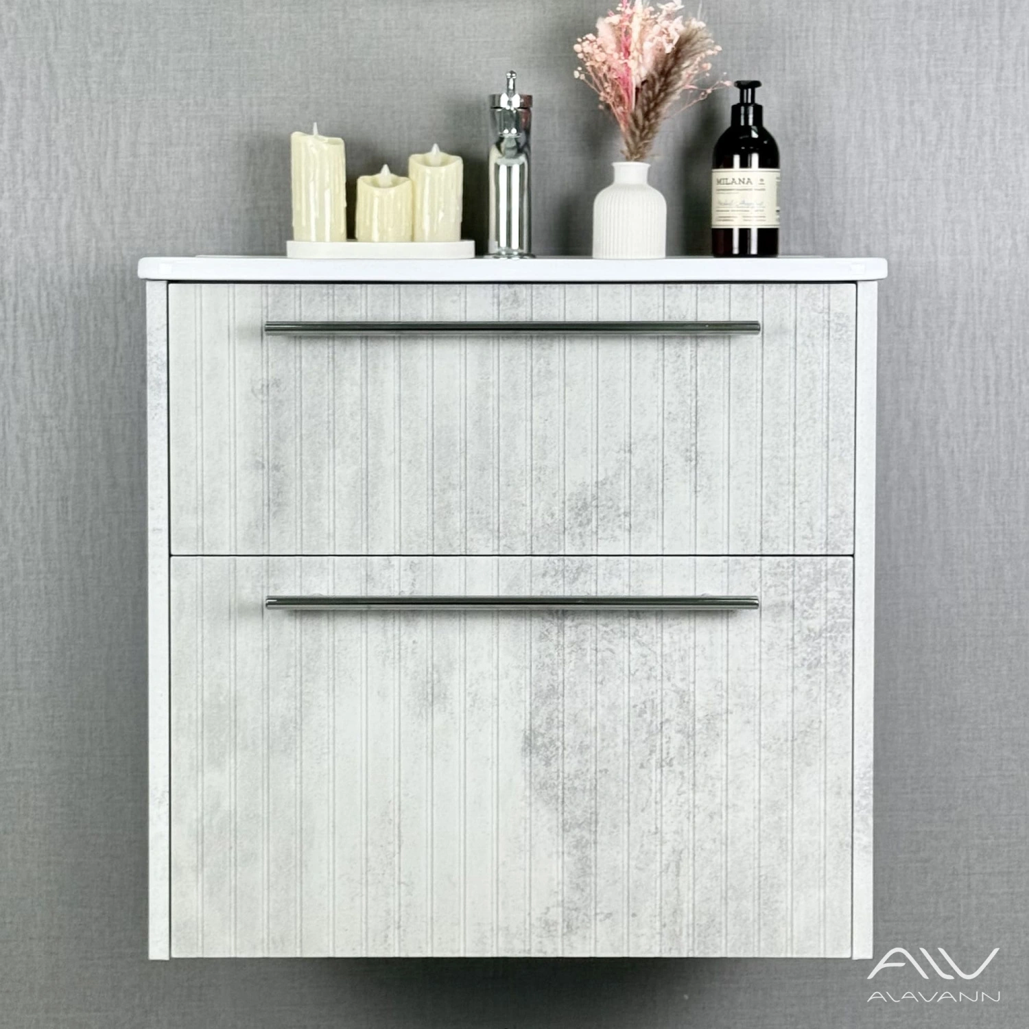 Тумба подвесная Alavann Emma 60 с раковиной Rado 60, серый бетон