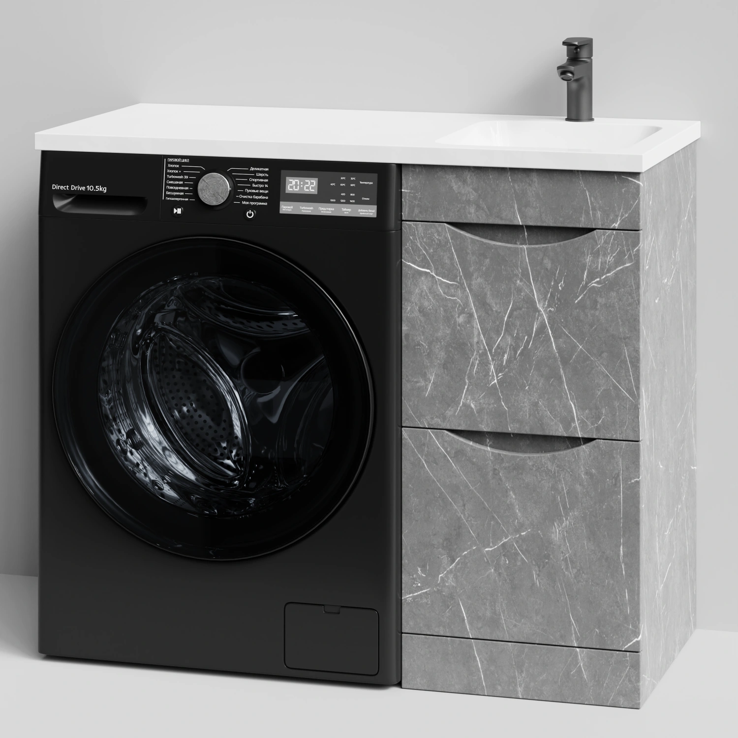 Тумба Vod-ok 38 с раковиной Смайл 100 напольная, под стиральную машину, правая, Мрамор Серый софт тач от магазина Vanna-Vanna.ru!