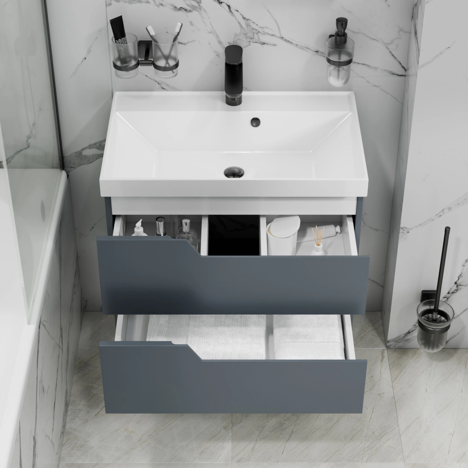 Тумба подвесная Санта Антарес 70 с раковиной Астория 70, 2 ящика, графит матовый от магазина Vanna-Vanna.ru!