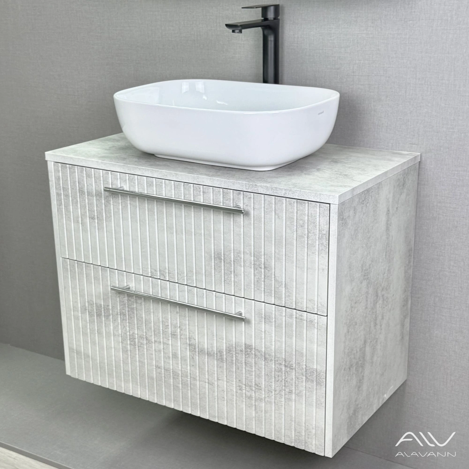 Тумба подвесная Alavann Emma 80 с раковиной Moduo 50 SQUARE, серый бетон