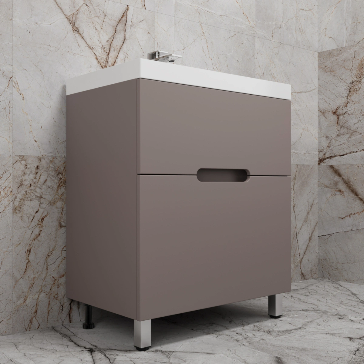 Тумба напольная Style Line "Матис 70" с раковиной ASTI 70 белый, (2 ящика), Тауп темный от магазина Vanna-Vanna.ru!