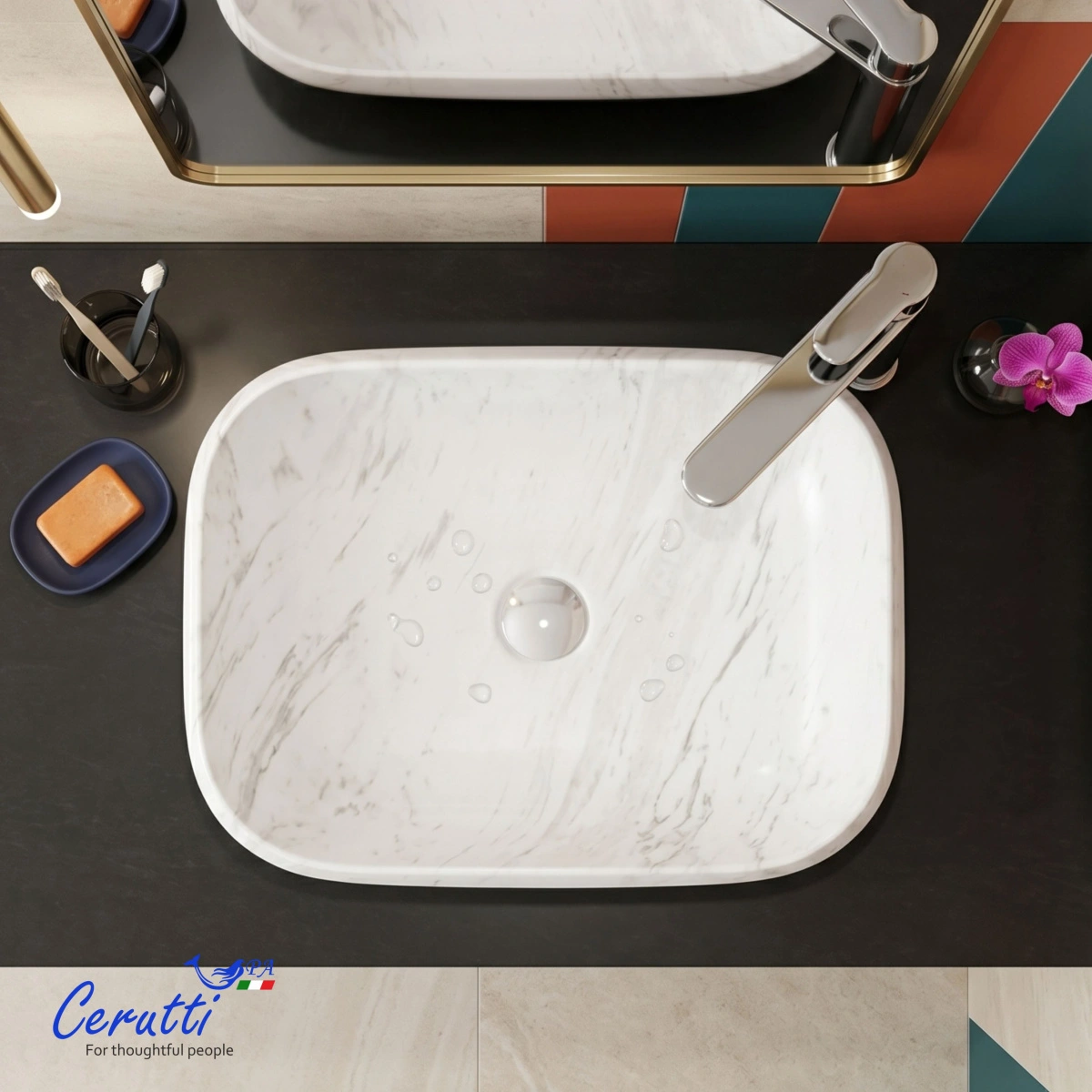 Раковина Ceruttispa CR0086 MMW1 накладная, мрамор матовый белый, прямоугольная 565х400х145 от магазина Vanna-Vanna.ru!