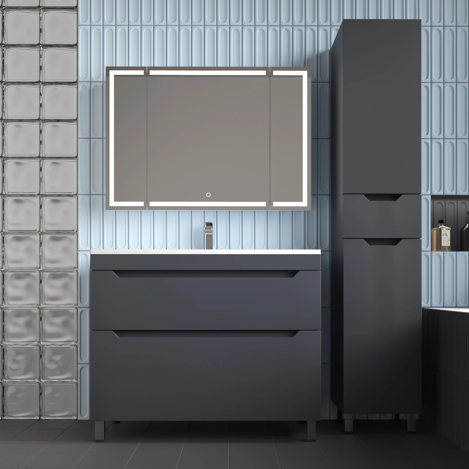 Тумба напольная Style Line Остин 100 с раковиной Фортуна 100 серый шелк, графит от магазина Vanna-Vanna.ru!