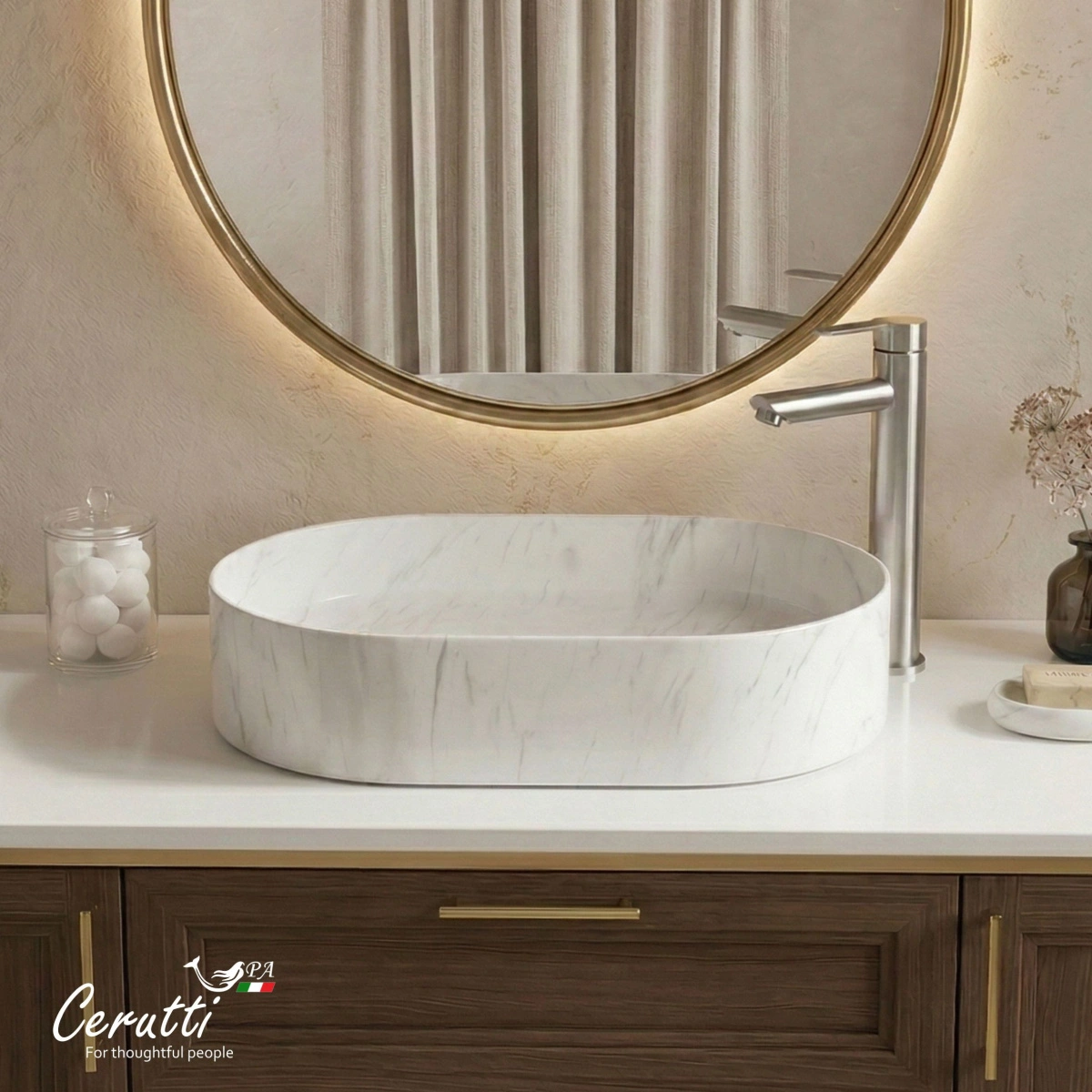 Раковина Ceruttispa CR0055B MMW1 накладная, мрамор матовый белый, овальная 500х350х120 от магазина Vanna-Vanna.ru!