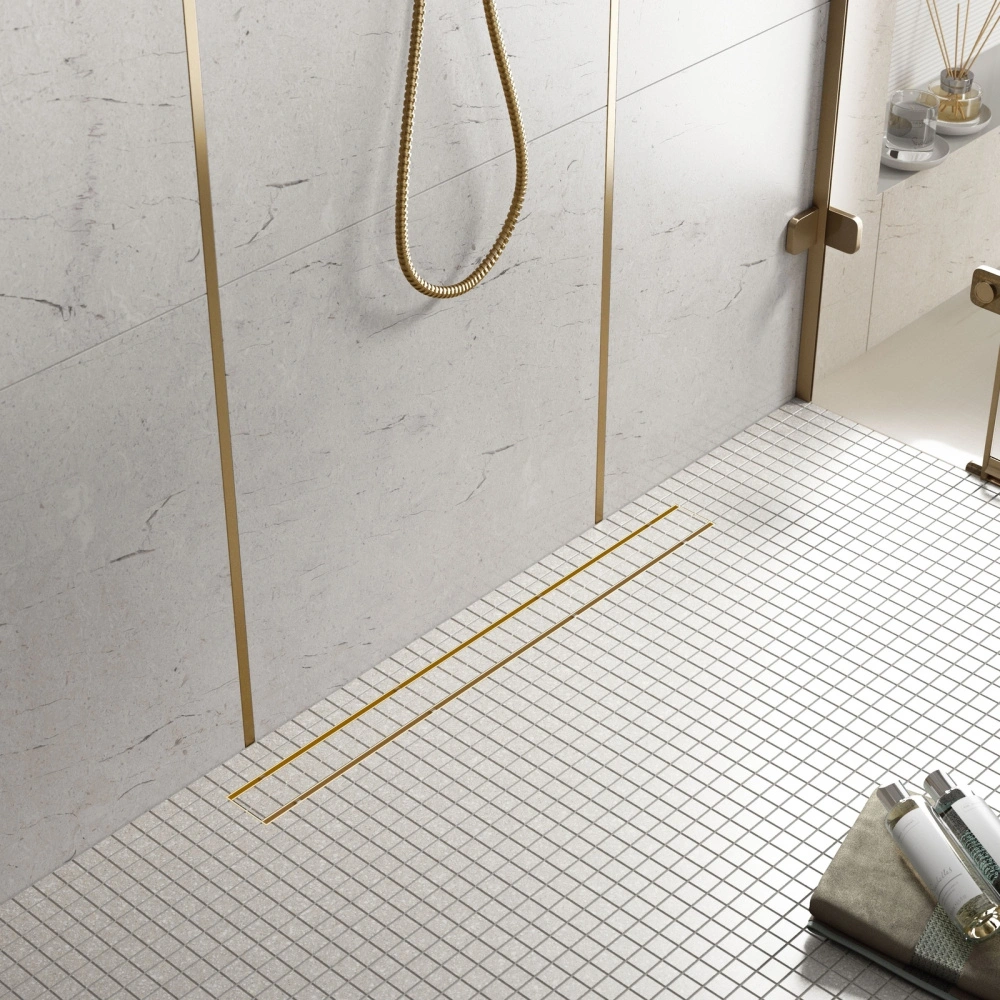 Душевой лоток TIMO Drain System 900 с двусторонней панелью "plate" под плитку, Золото матовое от магазина Vanna-Vanna.ru!