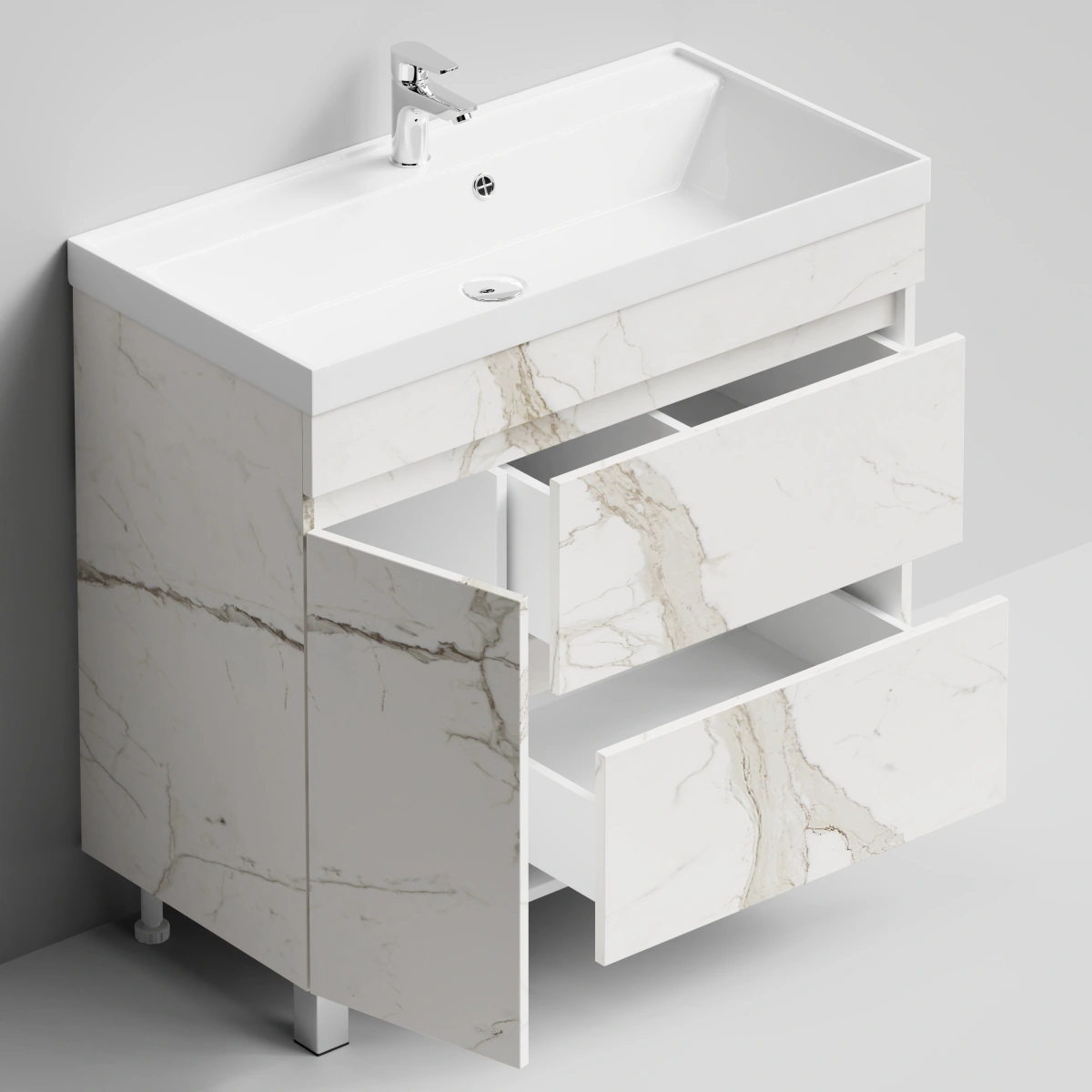 Тумба с раковиной Vod-ok Бест 90 левая дверь, напольная, Мрамор Белый натур милк от магазина Vanna-Vanna.ru!