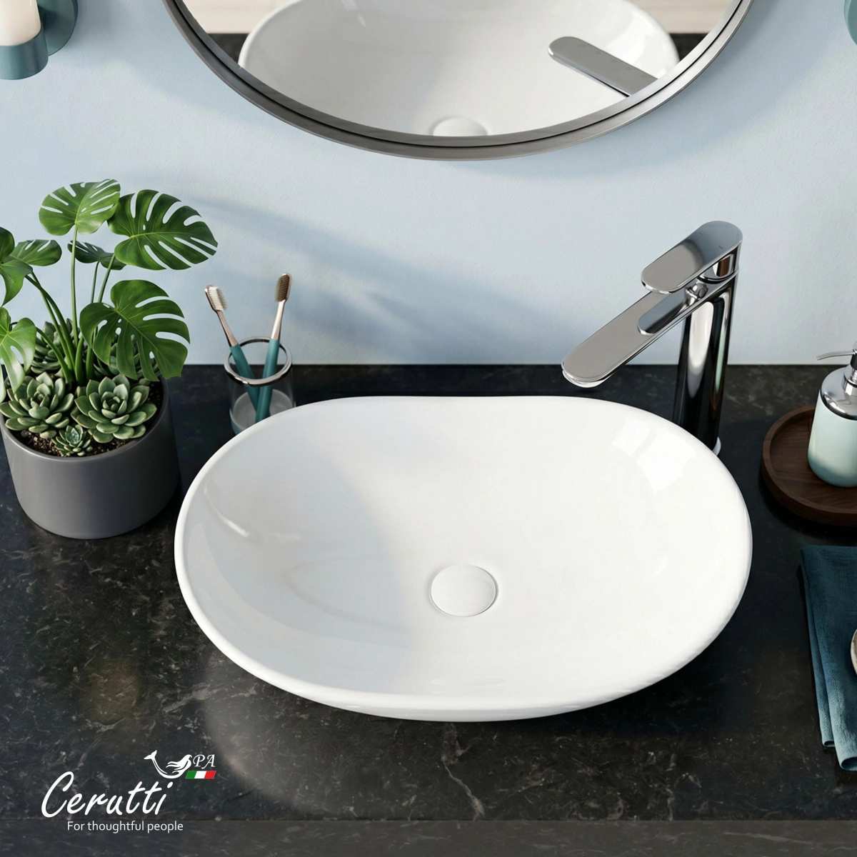 Раковина Ceruttispa CR7031B накладная, мрамор матовый белый, овал 640х360х140 от магазина Vanna-Vanna.ru!