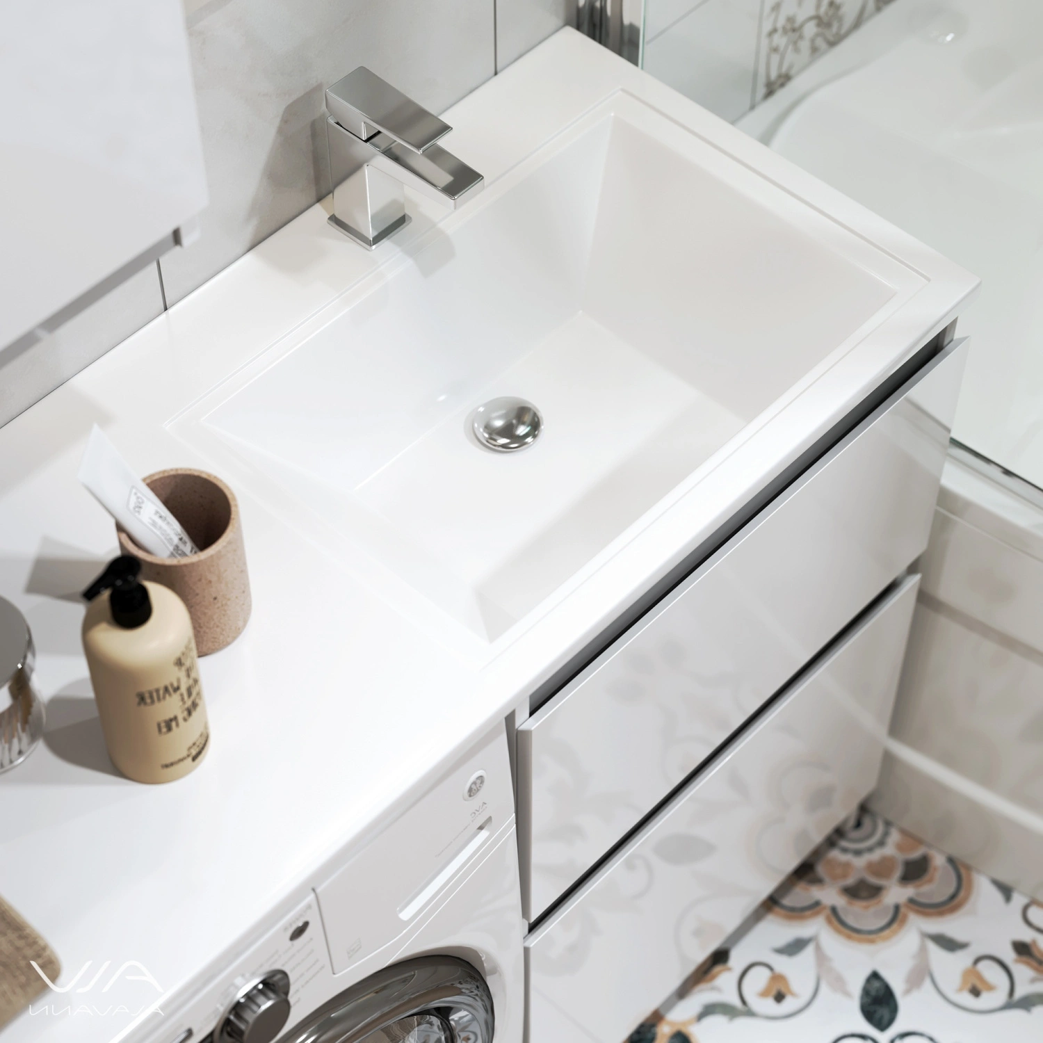Тумба Alavann Soft Silver 53 с раковиной под стиральную машину Даллас 120 R, белая от магазина Vanna-Vanna.ru!