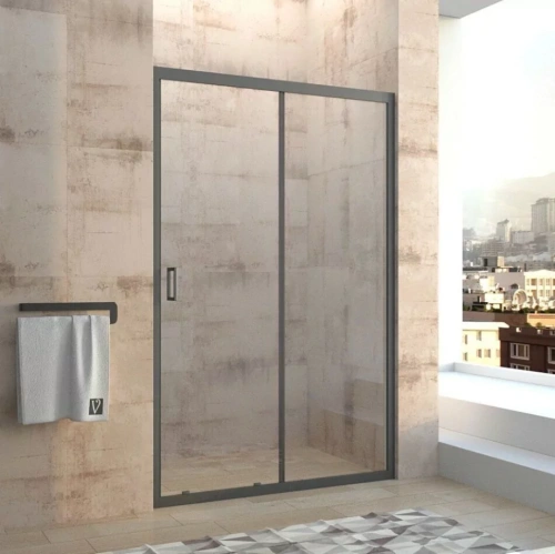 Душевая дверь Veconi VN46B 100 в нишу, раздвижная, прозрачное стекло, черный матовый от магазина Vanna-Vanna.ru!