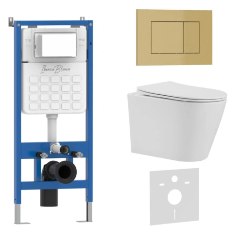 Комплект 3в1 IBERICA BLANCA инсталляция SILENCIO, унитаз BURGOS ALTO белый, кнопка смыва ESTI-S золото матовое (IB001.BRA.231.854)