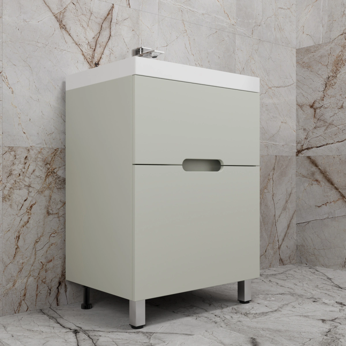 Тумба напольная Style Line "Матис 60" с раковиной ASTI 60 белый, (2 ящика), Олива от магазина Vanna-Vanna.ru!
