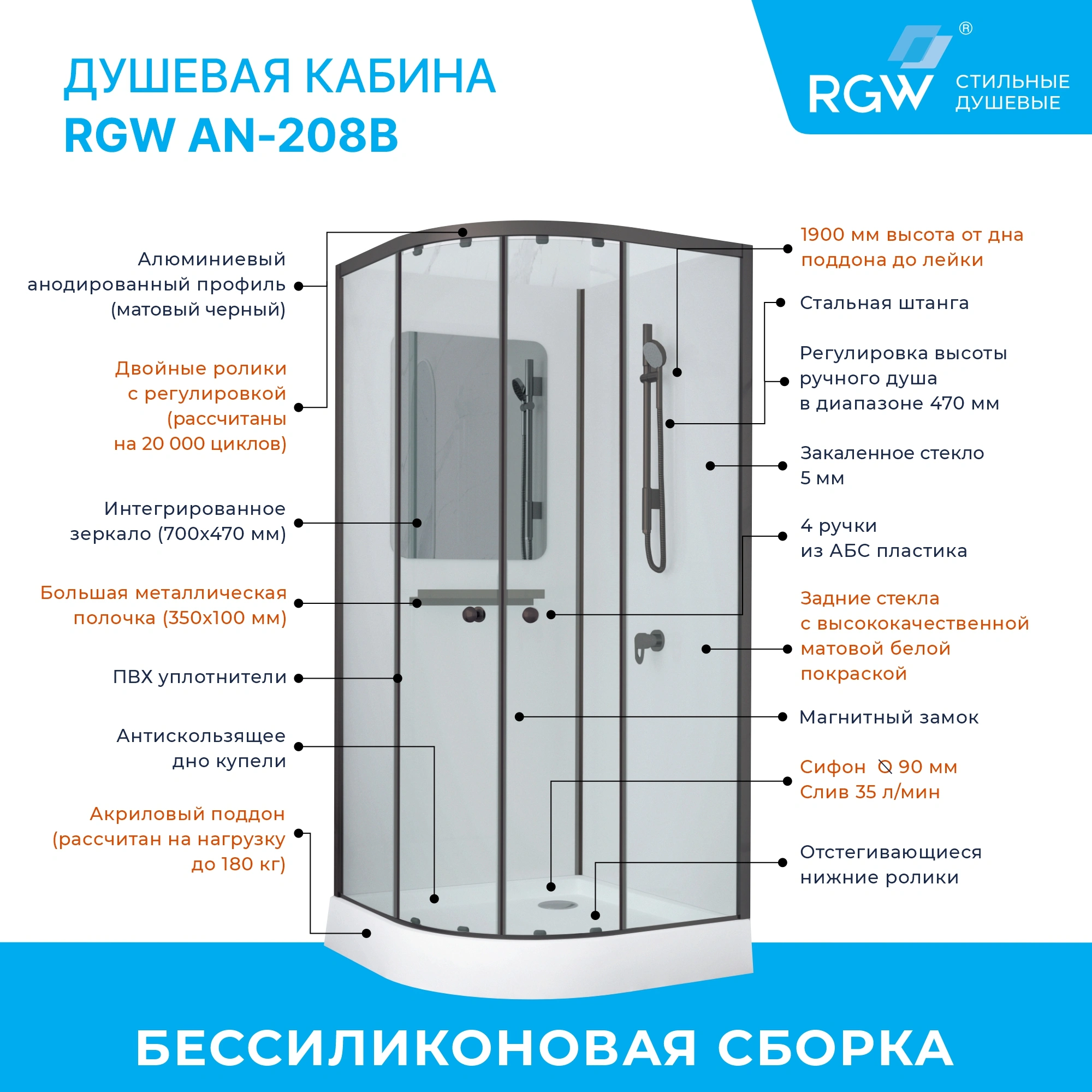 Душевая кабина 1/4 круга RGW AN-208B 100*100 профиль чёрный, стекло прозрачное от магазина Vanna-Vanna.ru!