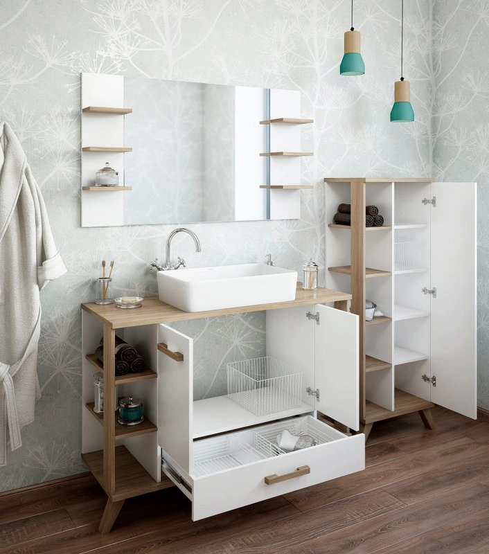 Тумба Sanflor Ингрид 120 с накладной раковиной MARAZZI Plaza 55 напольная, белый матовый, швейцарский вяз