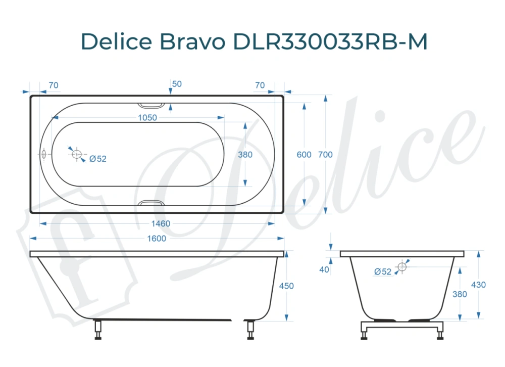 Ванна из литьевого мрамора Delice Bravo 160х70 матовая с черными ручками DLR330033RB-M от магазина Vanna-Vanna.ru!