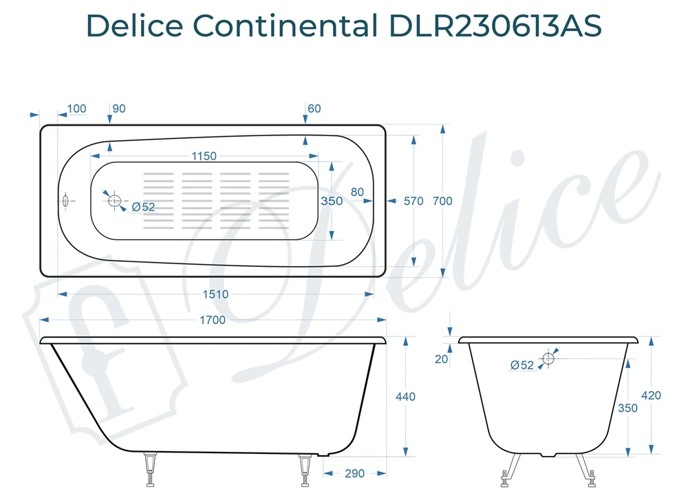 Ванна чугунная Delice Continental 170х70 DLR230613-AS с антискользящим покрытием от магазина Vanna-Vanna.ru!