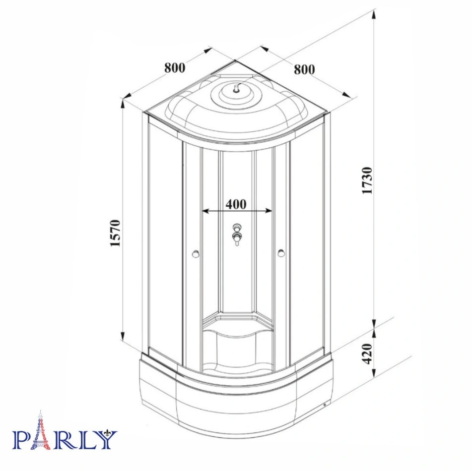 Душевой уголок PARLY BETT 821 80х80х215 1/4 круга, с поддоном, прозрачное стекло, матовый хром