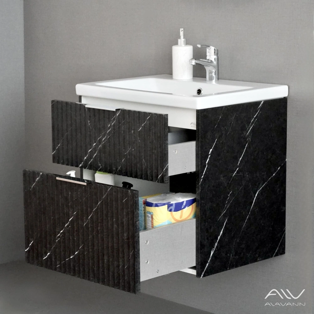 Тумба подвесная Alavann Anna 60 с раковиной Como 60, черный мрамор от магазина Vanna-Vanna.ru!