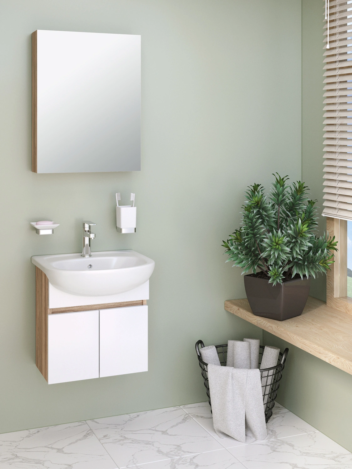 Тумба подвесная Runo Лада 50 с раковиной Уют 50, белый/блэквуд от магазина Vanna-Vanna.ru!