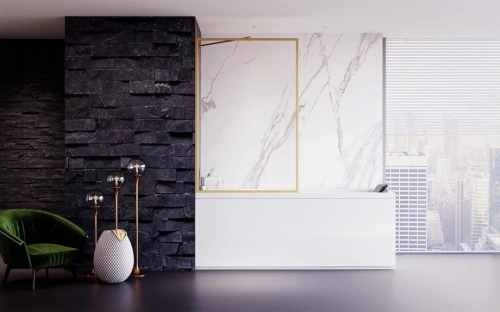 Шторка на ванну Veconi Palau PL-85G, 800x1500, брашированное золото, стекло прозрачное от магазина Vanna-Vanna.ru!