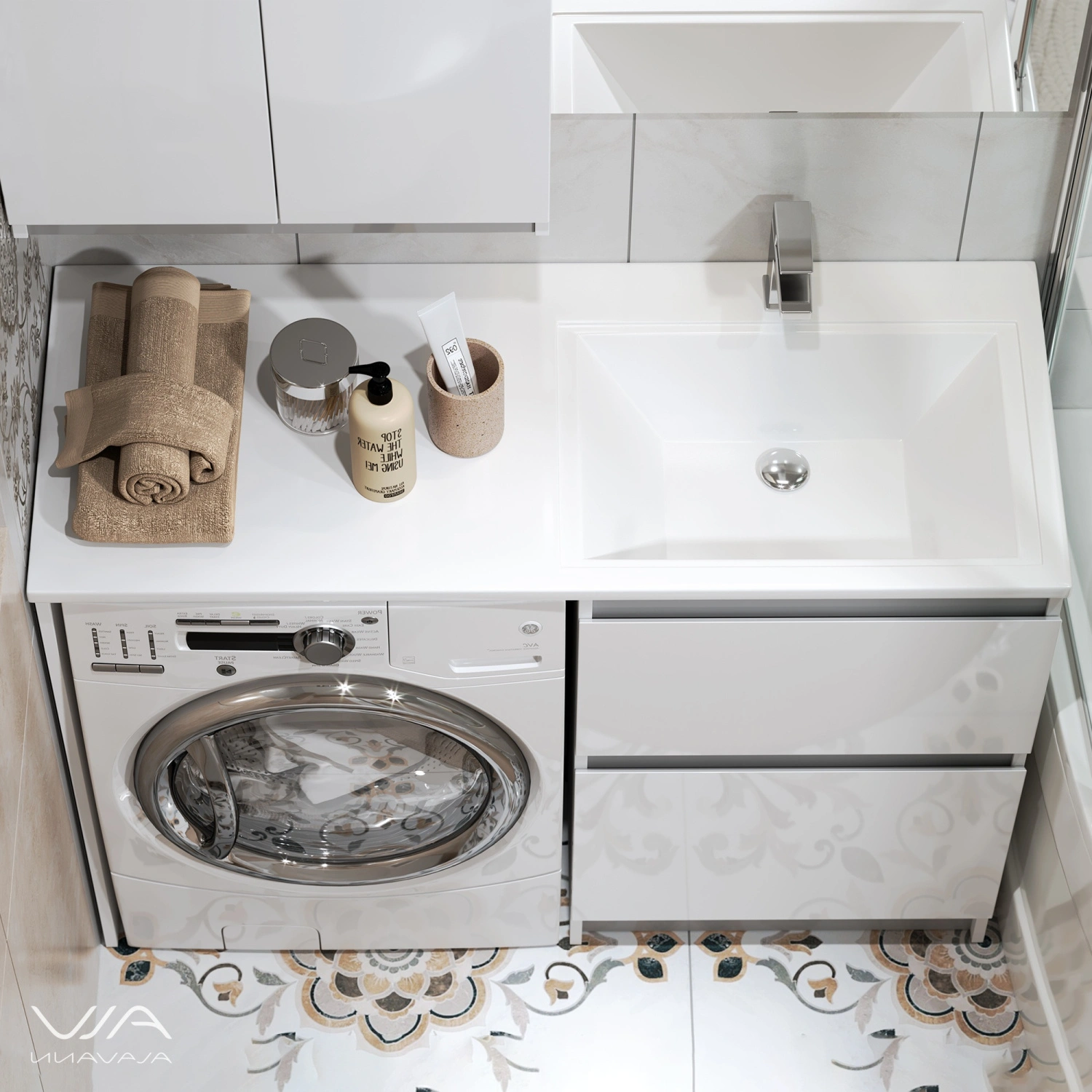 Тумба Alavann Soft Silver 53 с раковиной под стиральную машину Даллас 120 R, белая от магазина Vanna-Vanna.ru!