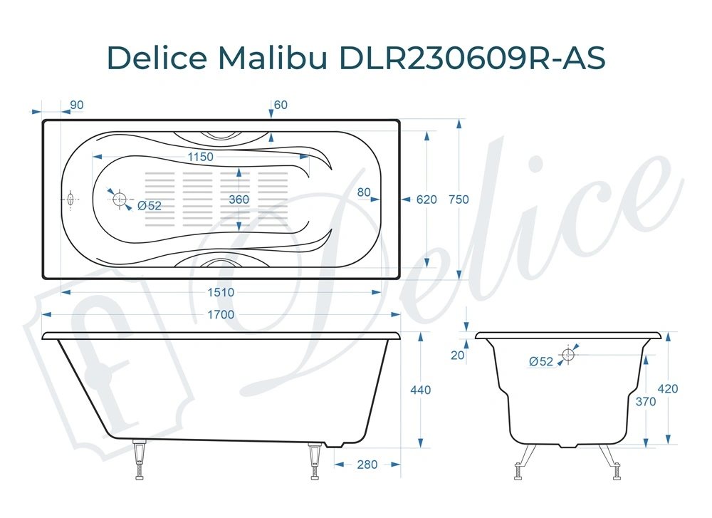 Ванна чугунная Delice Malibu 170х75 DLR230609R-AS с отверстиями под ручки и антискользящим покрытием от магазина Vanna-Vanna.ru!