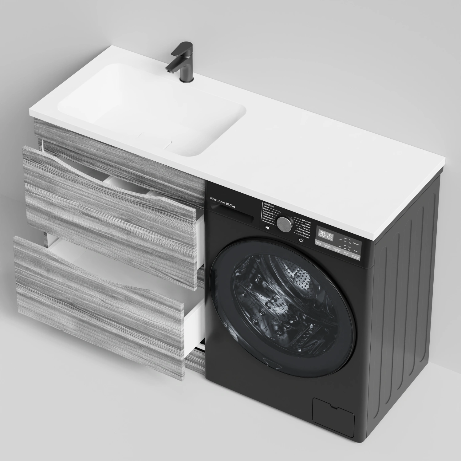 Тумба Vod-ok 68 с раковиной Смайл 130 напольная, под стиральную машину, левая, Лиственница структурная контрастно-серая от магазина Vanna-Vanna.ru!