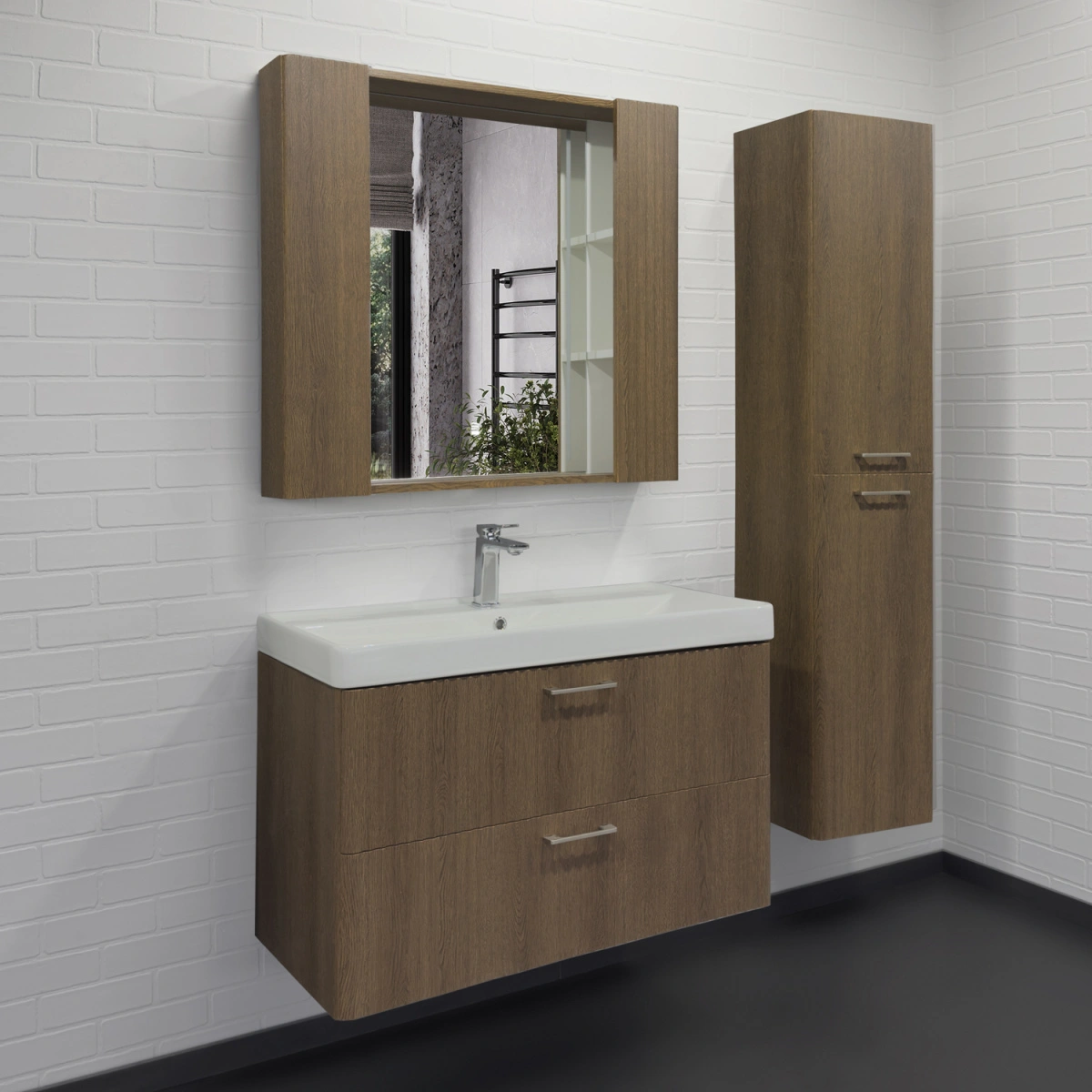 Зеркало-шкаф Comforty Ангара-90 дуб темно-коричневый со светодиодной подсветкой и антизапотеванием от магазина Vanna-Vanna.ru!