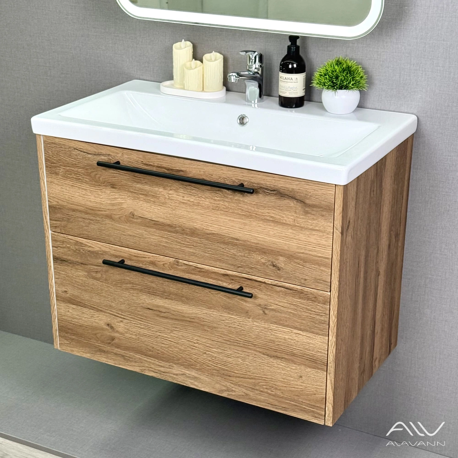 Тумба подвесная Alavann Rondo 80 с раковиной Como 80, дуб