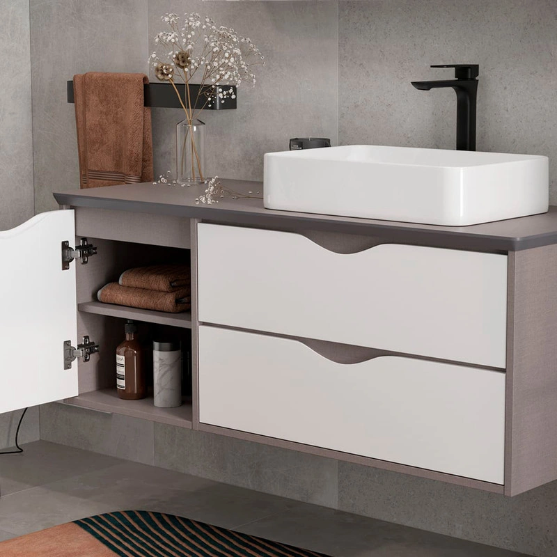 Тумба подвесная EQUIL Smile 40/80 столешница 120, раковина накладная Smile/Ferro, 2 ящика, белый/лен антрацит от магазина Vanna-Vanna.ru!