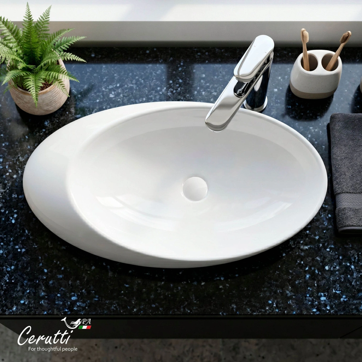 Раковина Ceruttispa CR0058A накладная, белая, смещенный овал 480х300х140 от магазина Vanna-Vanna.ru!