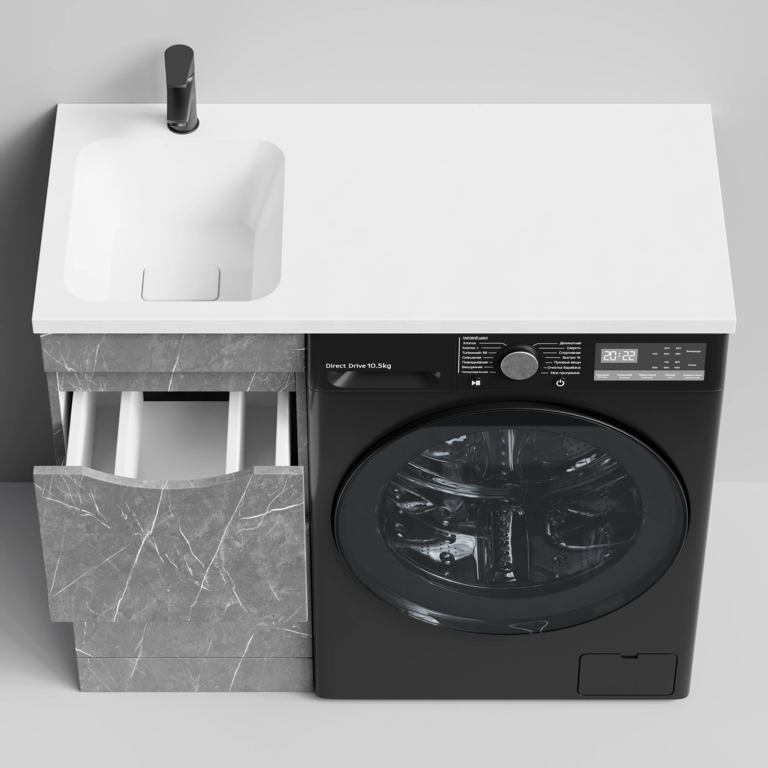 Тумба Vod-ok 38 с раковиной Смайл 100 напольная, под стиральную машину, левая, Мрамор Серый софт тач от магазина Vanna-Vanna.ru!