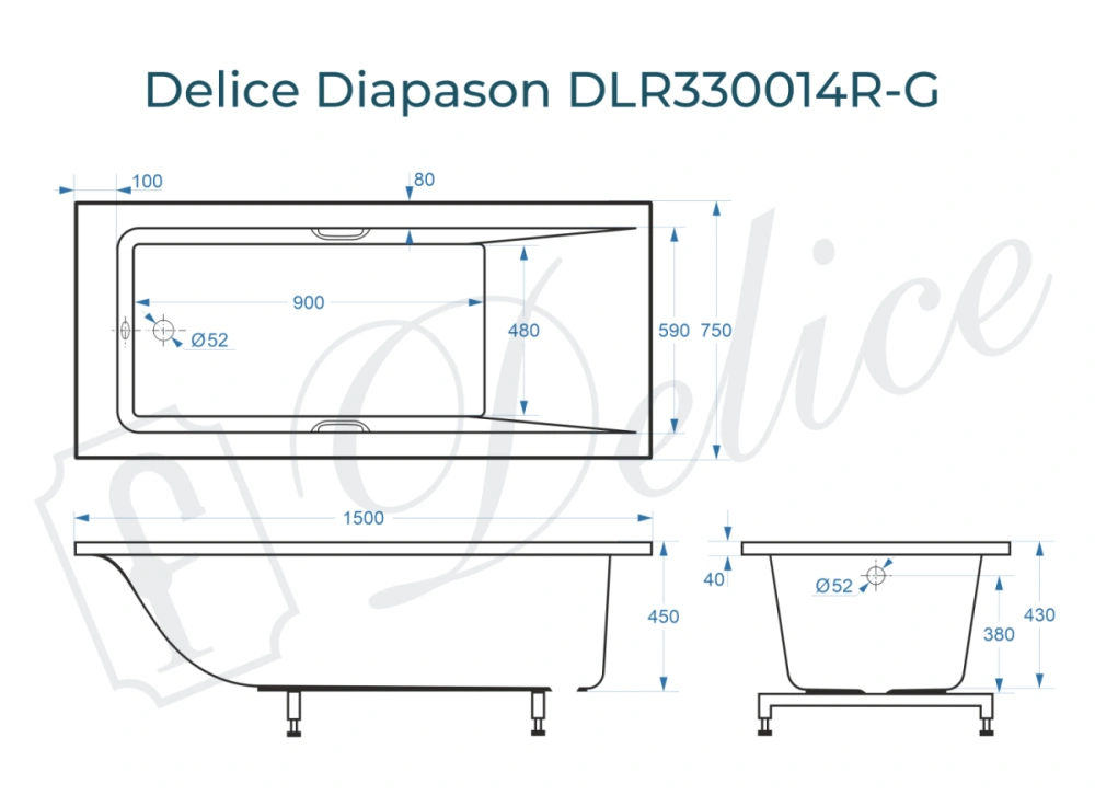 Ванна из литьевого мрамора Delice Diapason 150х75 глянцевая с ручками Хром DLR330014R-G от магазина Vanna-Vanna.ru!