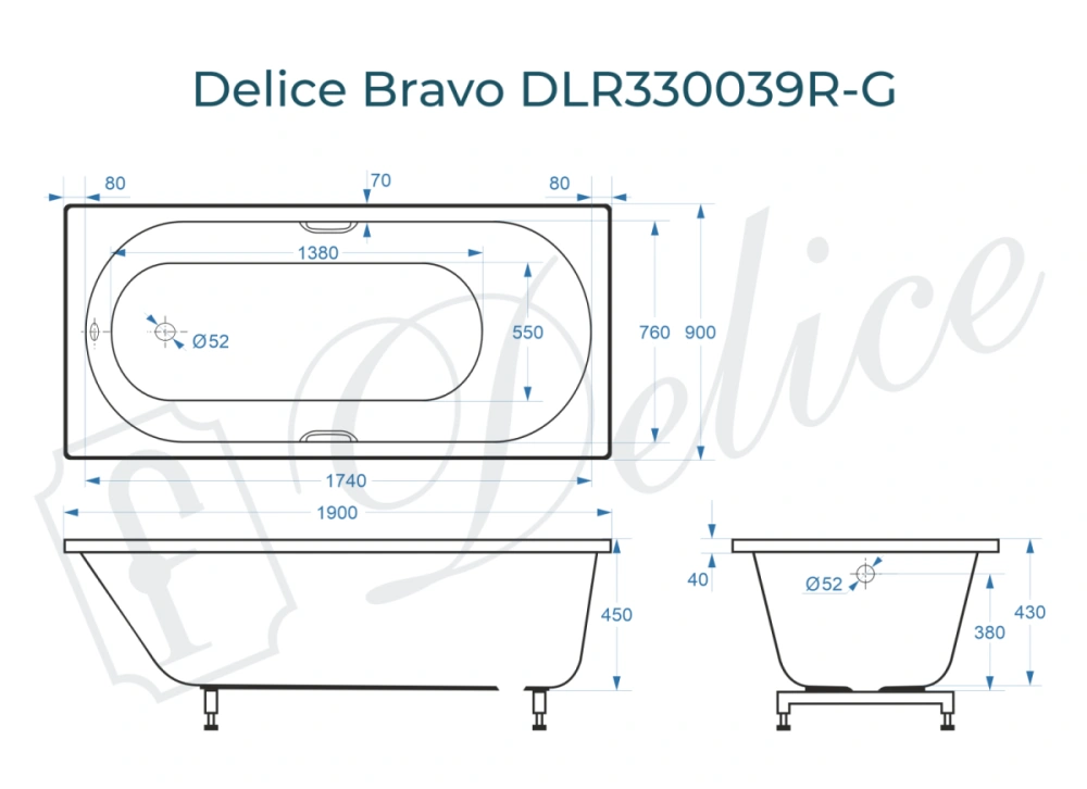 Ванна из литьевого мрамора Delice Bravo 190х90 глянцевая с ручками Хром DLR330039R-G от магазина Vanna-Vanna.ru!