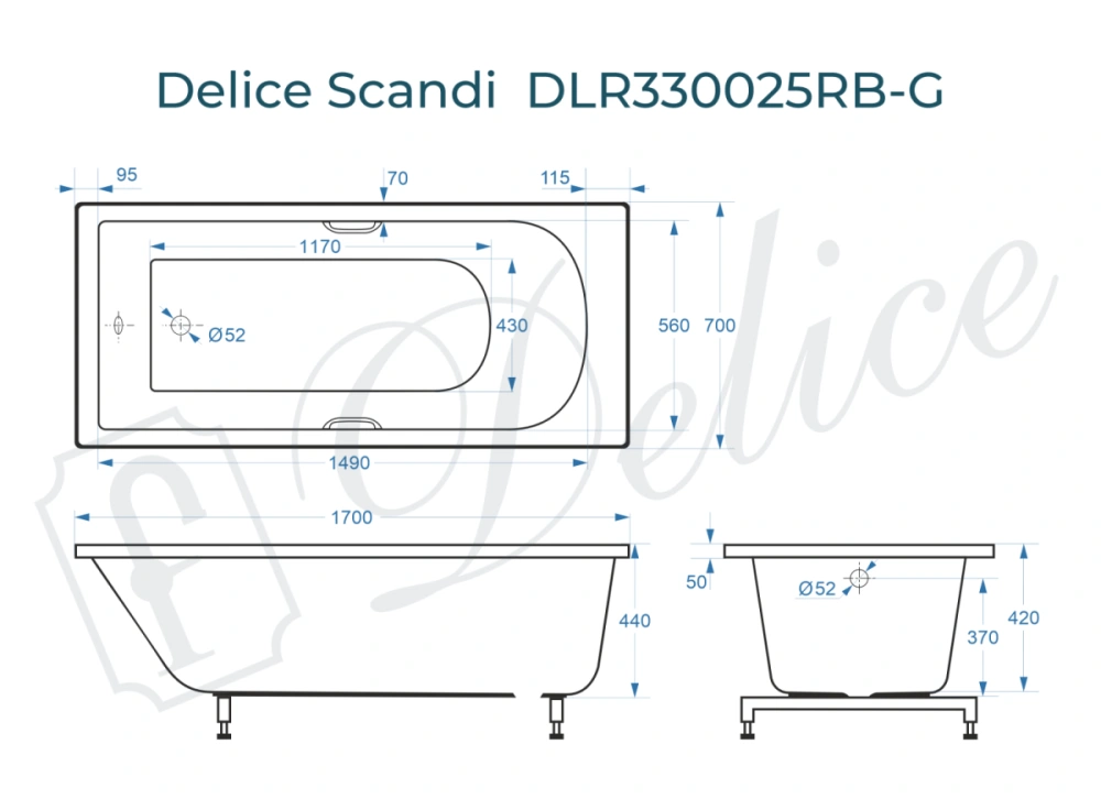 Ванна из литьевого мрамора Delice Scandi 170х70 глянцевая с черными ручками DLR330025RB-G от магазина Vanna-Vanna.ru!