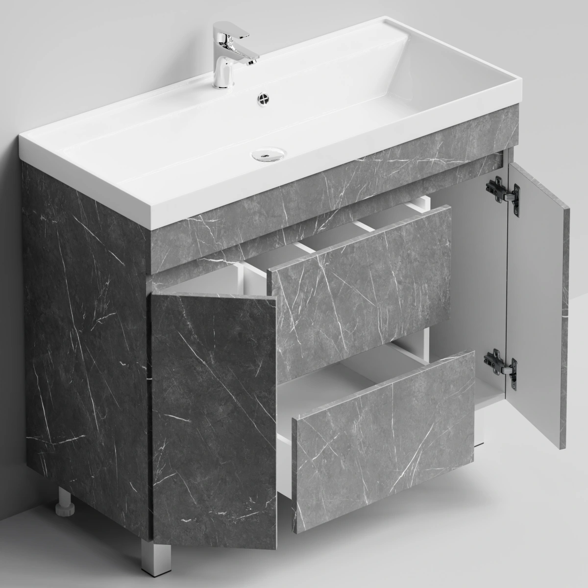 Тумба с раковиной Vod-ok Бест 100 (2 ящика, 2 двери) напольная, Мрамор Серый софт тач от магазина Vanna-Vanna.ru!