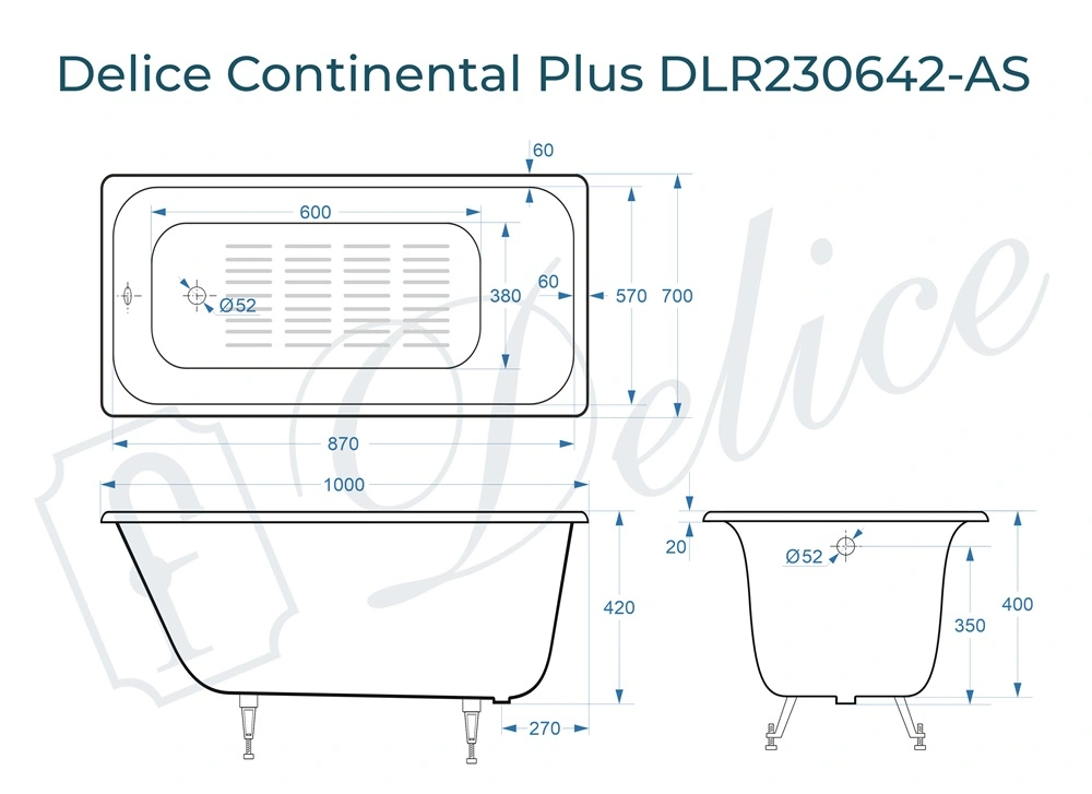 Ванна чугунная Delice Continental PLUS 100х70 DLR230642-AS с антискользящим покрытием от магазина Vanna-Vanna.ru!